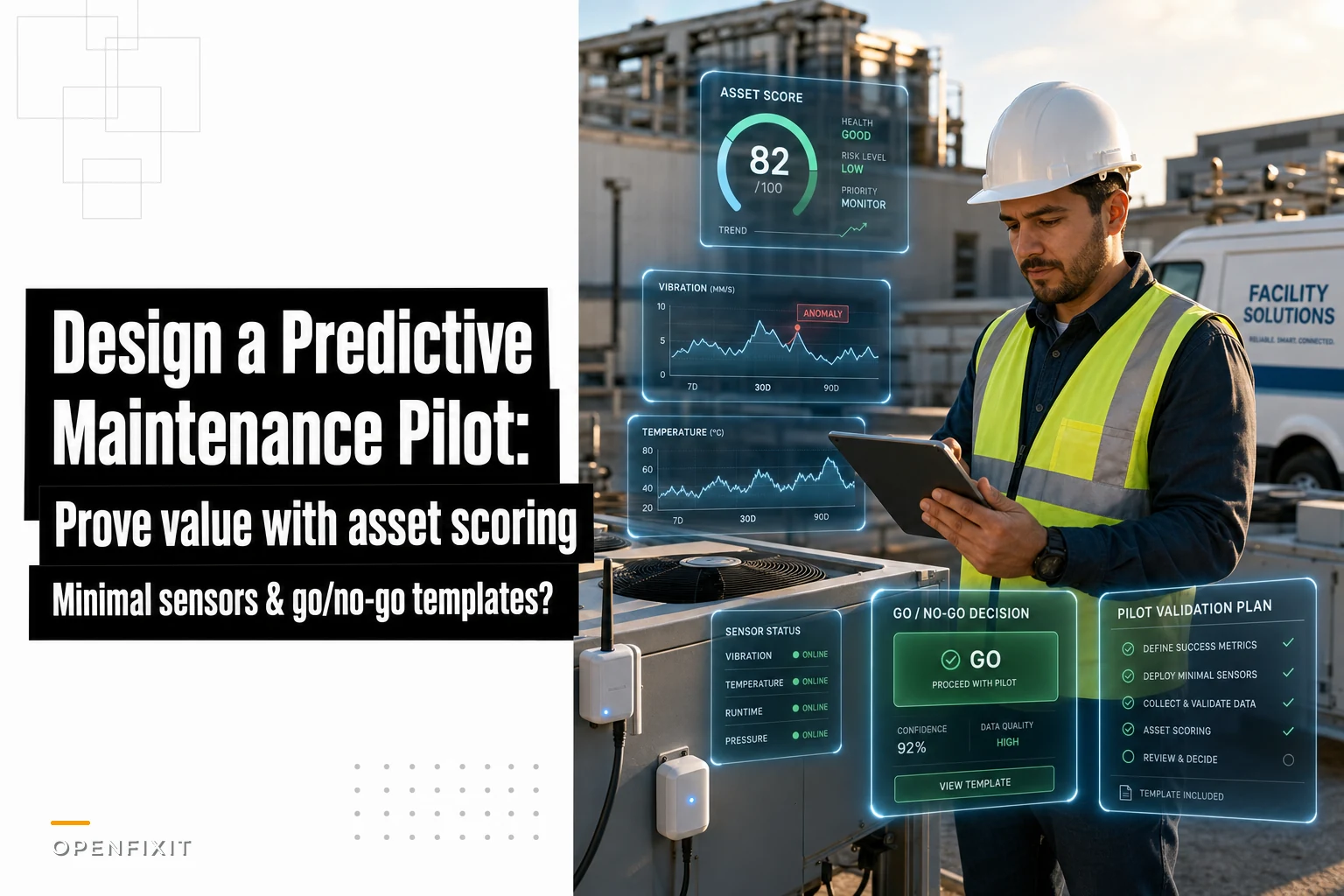 Design a Predictive Maintenance Pilot That Proves Value: Asset Scoring, Minimal Sensors and Go/No-Go Templates