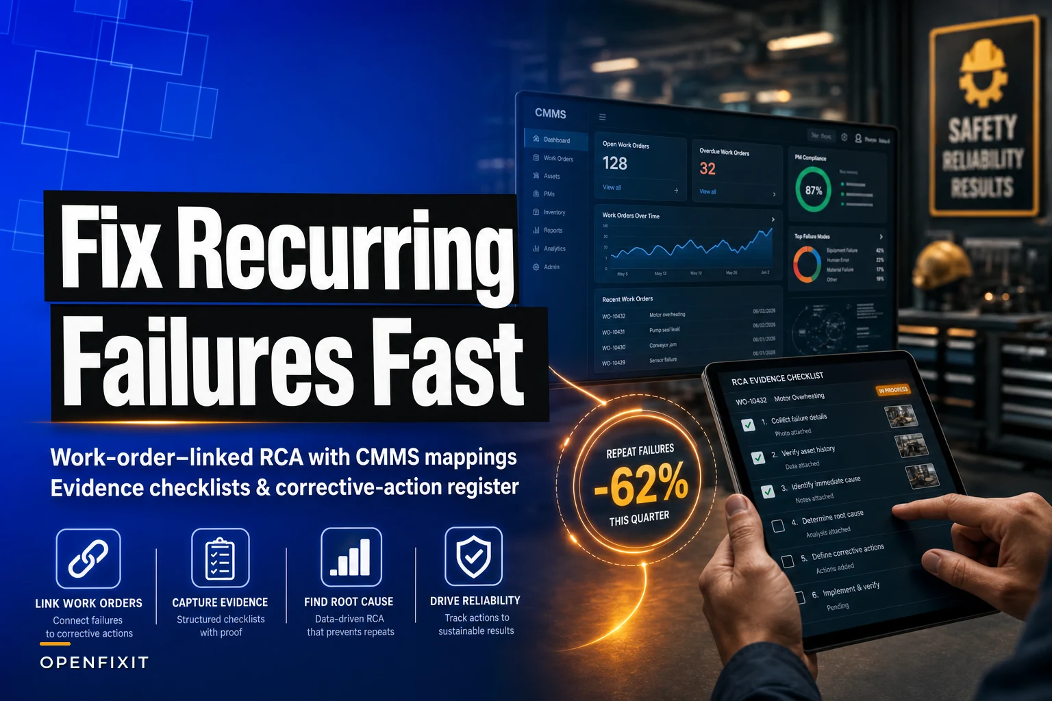 Fix recurring failures fast: a work-order–linked RCA playbook with CMMS evidence checklists and corrective-action register