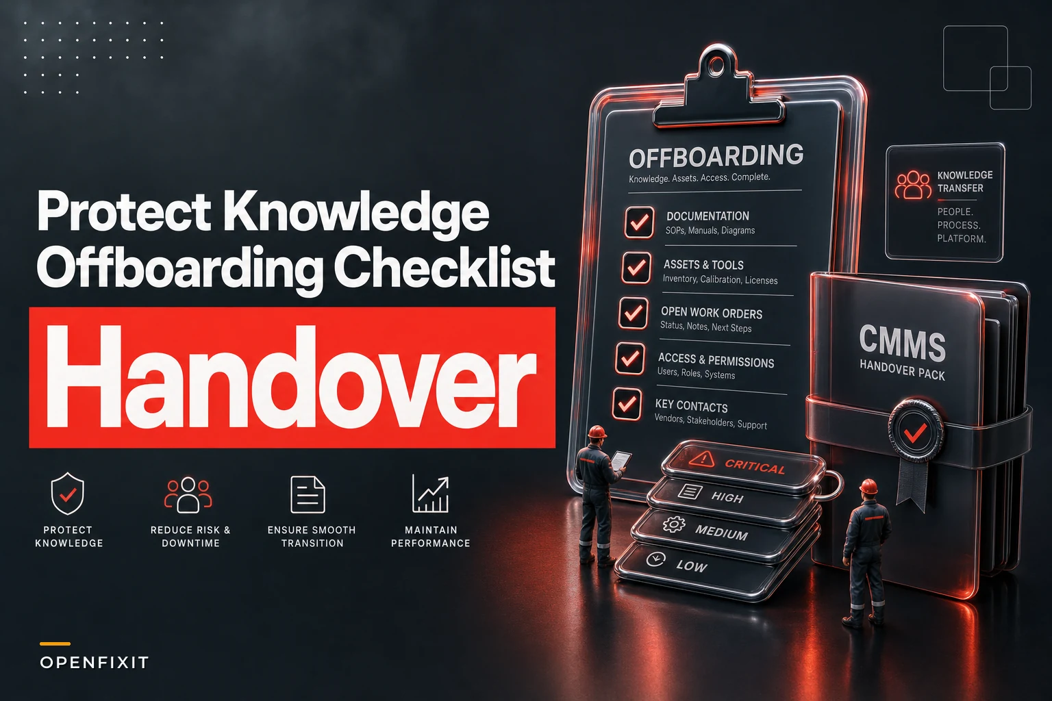 Maintenance offboarding checklist to preserve critical knowledge: prioritized artifacts, shadowing sign‑offs and CMMS handover tasks