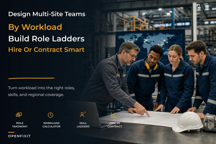 Maintenance organization design for multi-site operators with role taxonomy and ladders