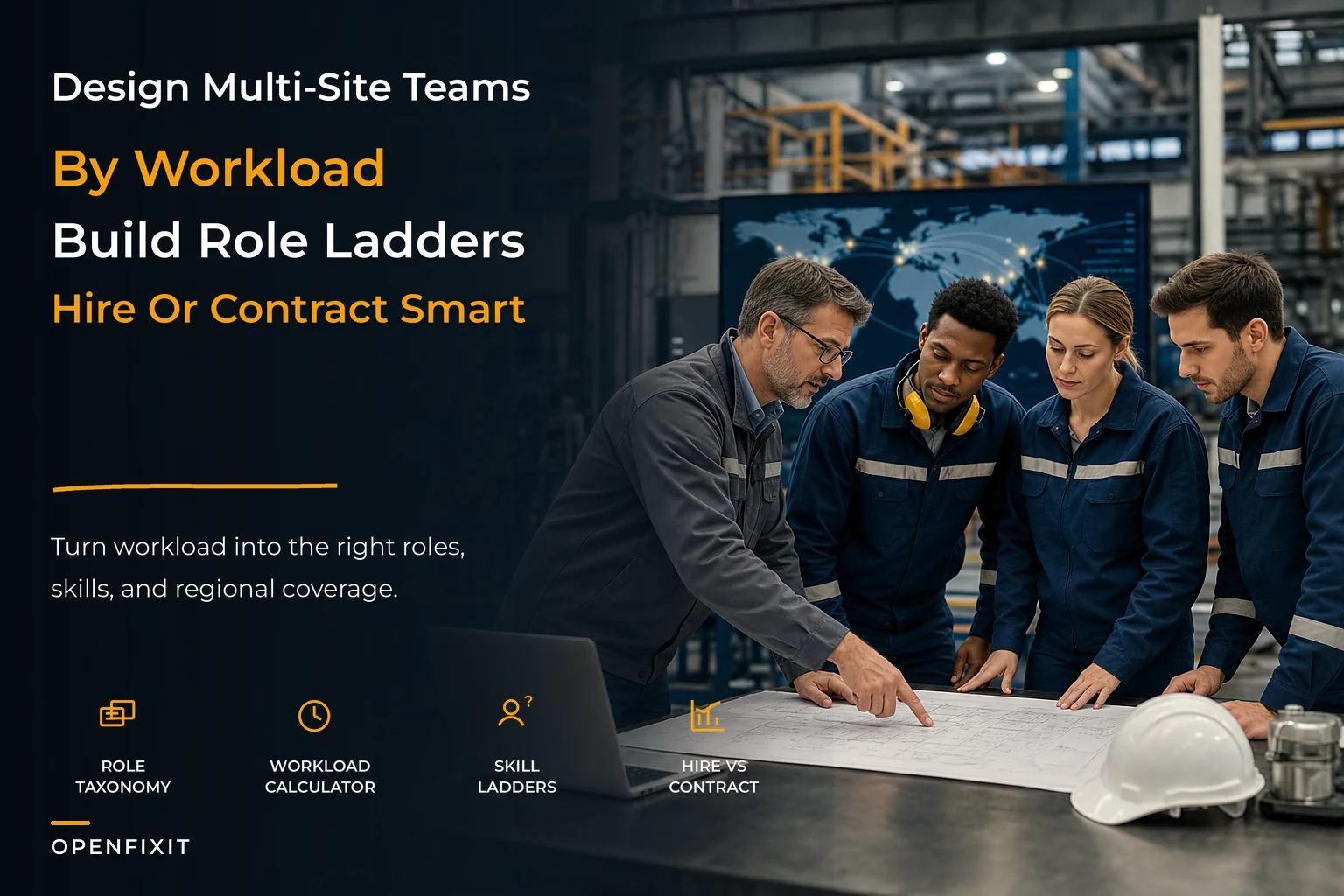 Maintenance organization design for multi-site operators with role taxonomy and ladders
