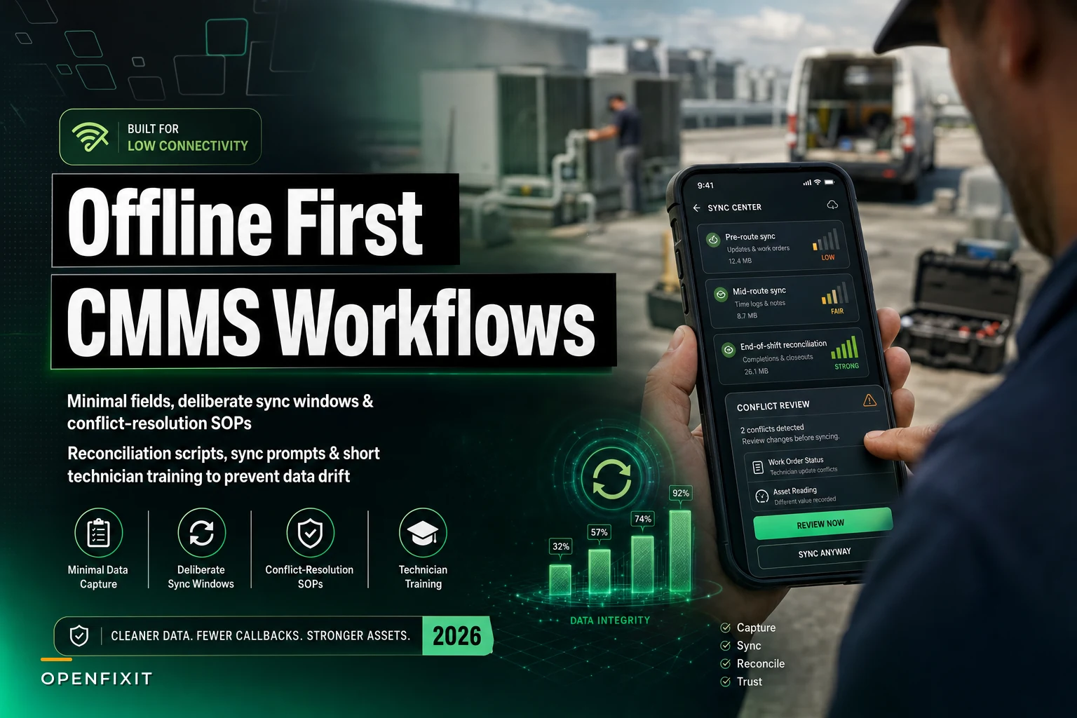 Offline‑first mobile CMMS workflows for low‑connectivity sites: minimal fields, sync windows and reconciliation SOPs