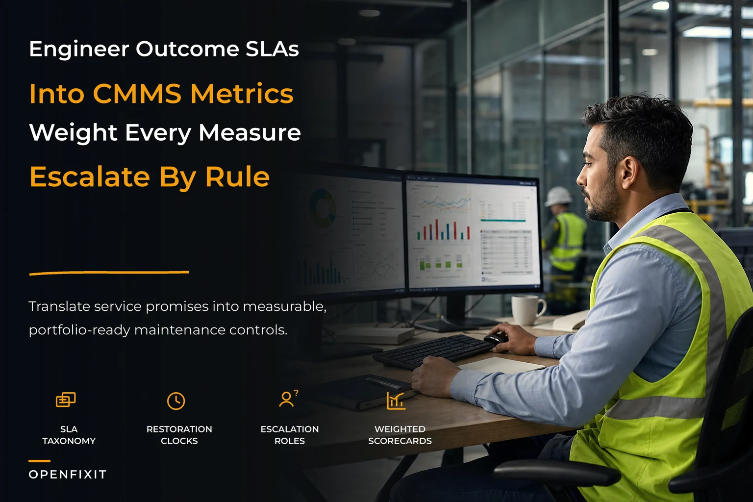 Outcome-based maintenance SLA architecture mapped to CMMS metrics