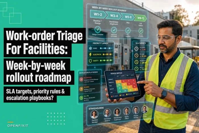 Work-order triage matrix for facilities: priority rules, SLA targets and escalation playbooks for HVAC, electrical and safety