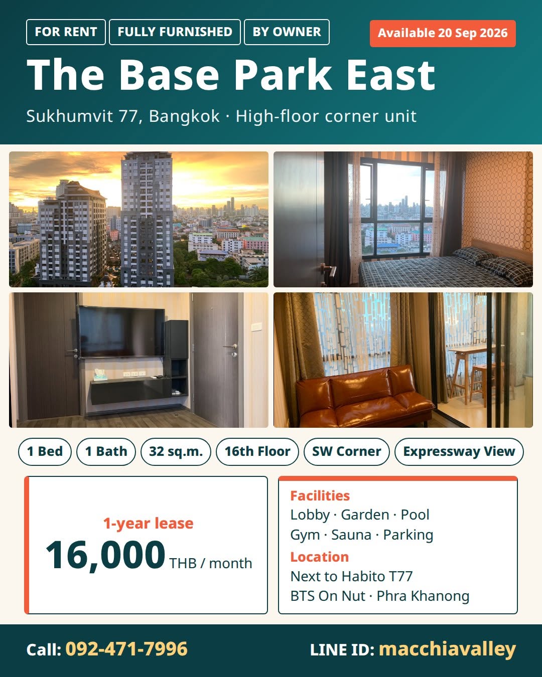 For Rent: The Base Park East · 1 Bedroom, 32 sqm, 16th Floor