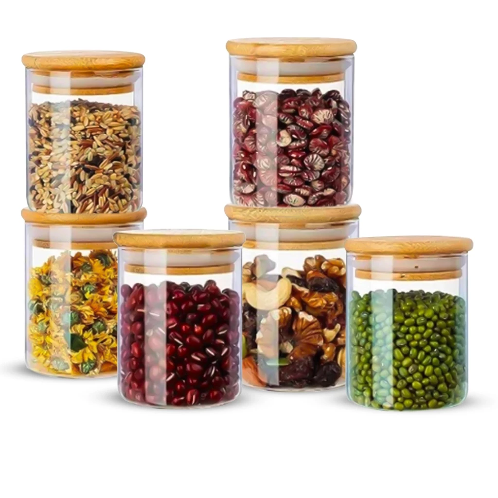 Kit Potes Hermético 200ml De Mantimentos Redondo Com Tampa Bambu
