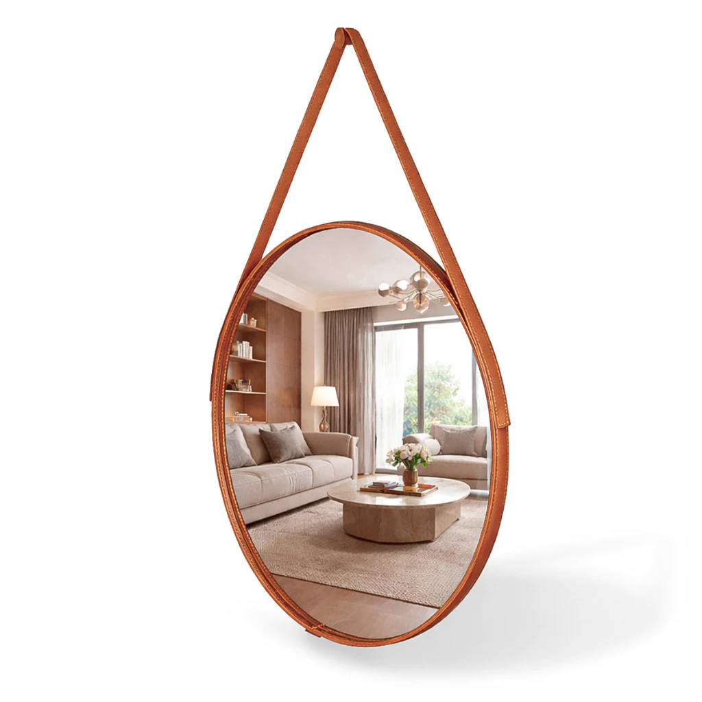 Espelho Redondo Decorativo Adnet Alça Couro Suporte 60cm 50cm 40cm 30cm Sala Quarto Banheiro Hall