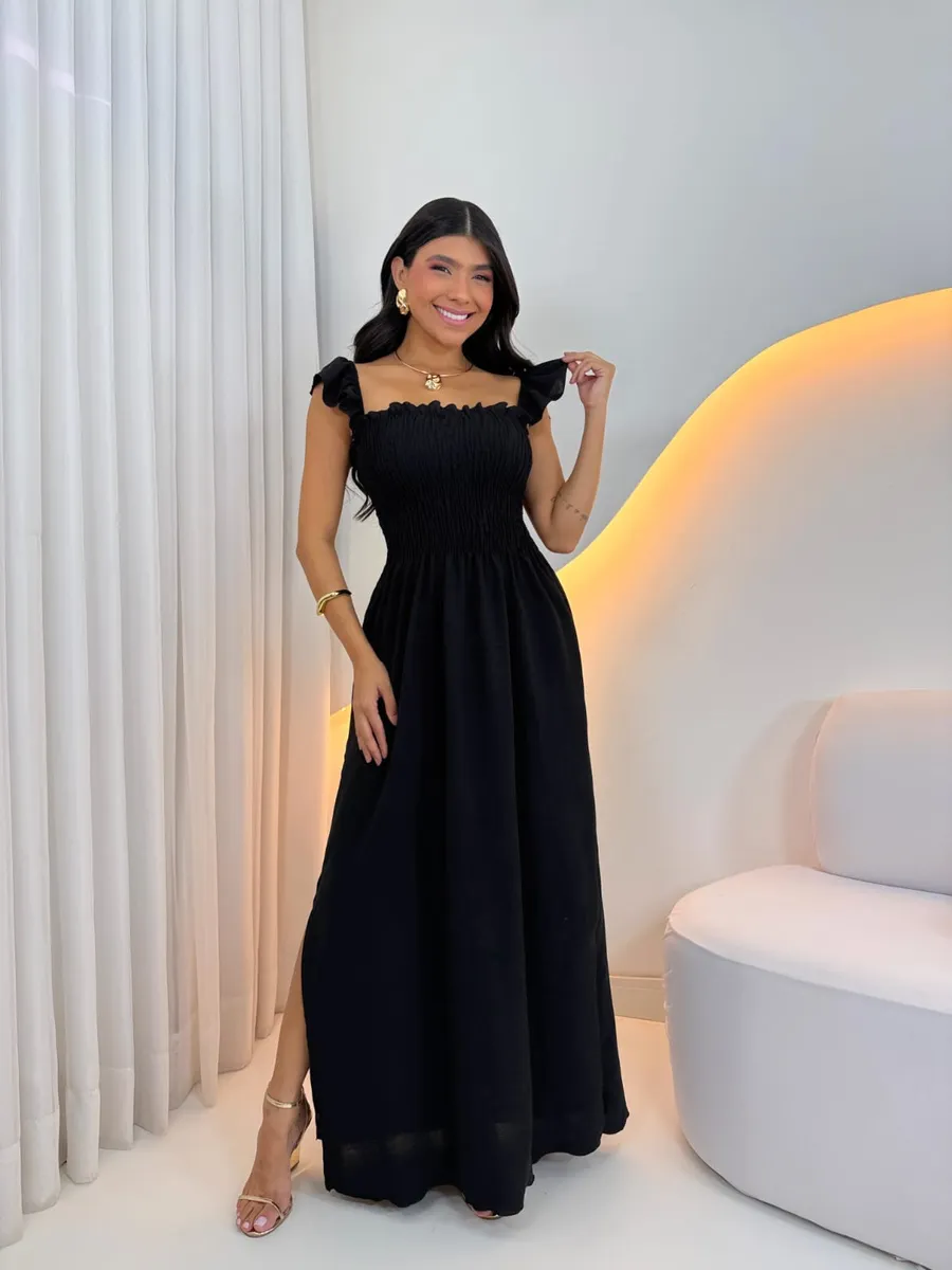 Vestido Longo Feminino Casual Lastex Alcinha Fenda Barato