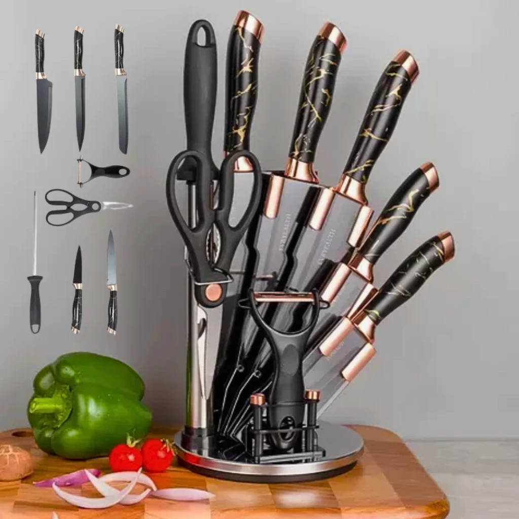 Jogo De Facas 9 Peças Faqueiro Com Suporte Cepo em Aço Inox