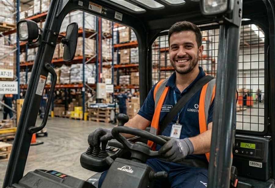 Operador de empilhadeira em armazém logístico