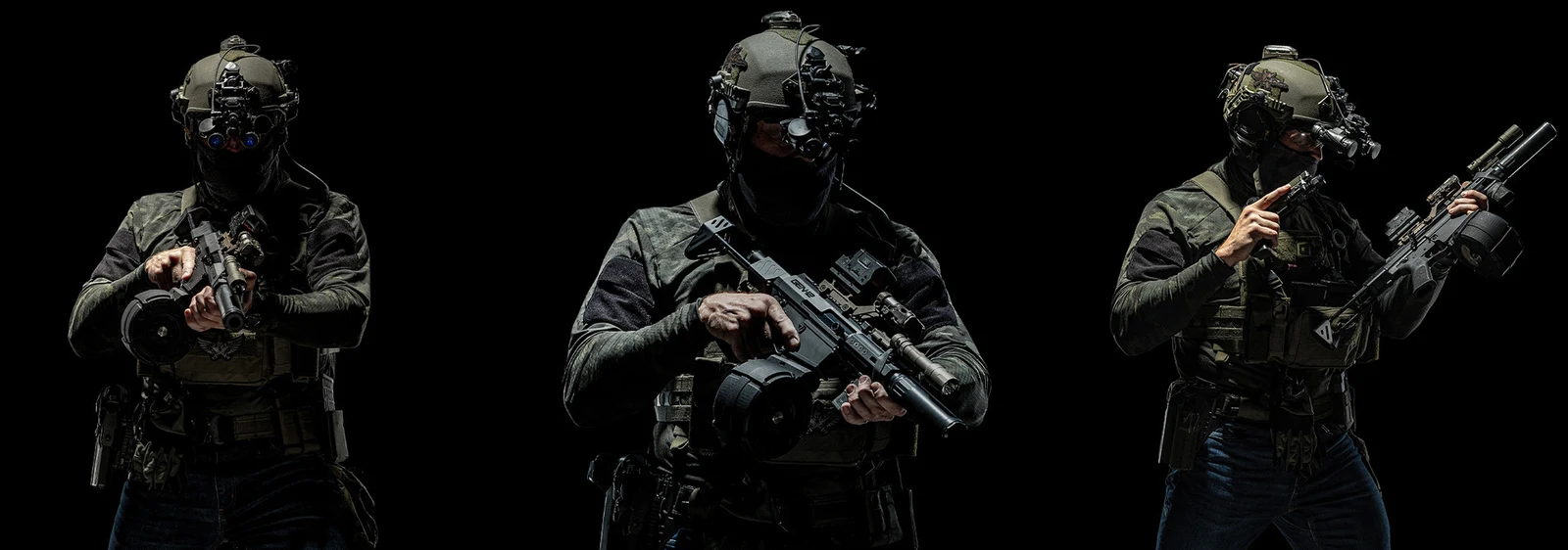 Genesis Arms campaign portraits of three people in tactical clothing holding firearms