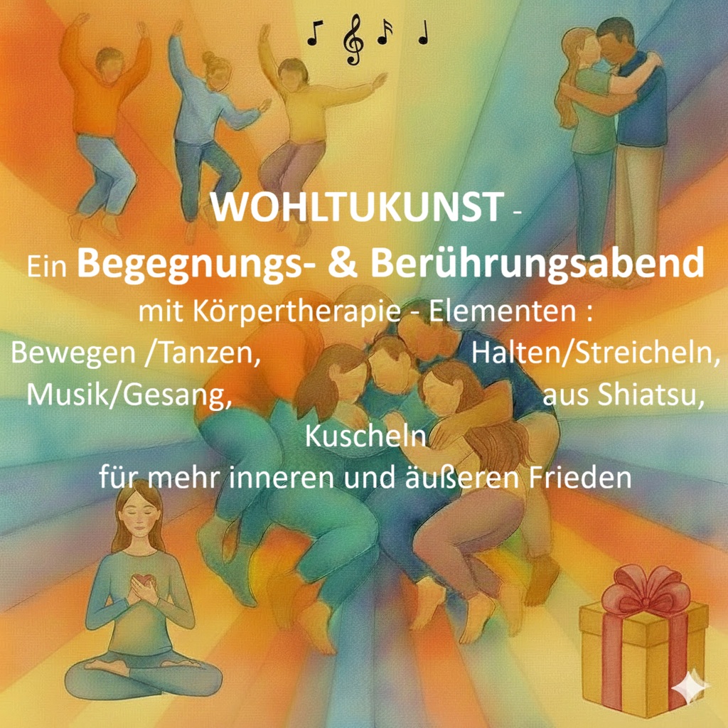 Wohltukunst - Begegnungs-& Berührungsabend Körpertherapie Bewegen Tanzen Musik Shiatsu Umarmung Halten Streicheln Meditieren Geschenke in Bildern