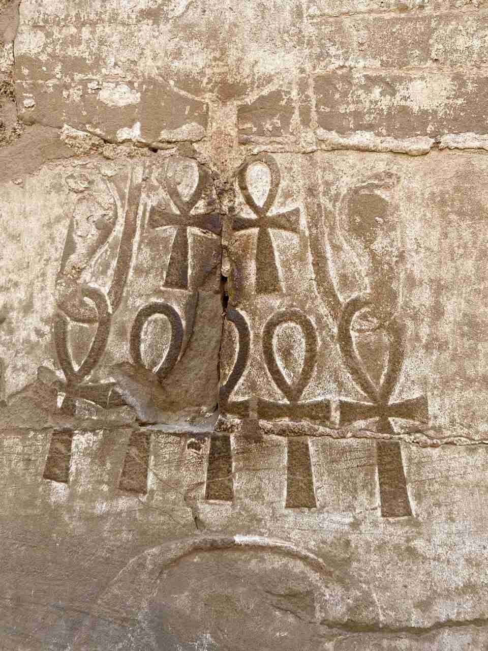 Ein Wandrelief mit mehreren Ankh-Symbolen ist auf einem Stein sichtbar.