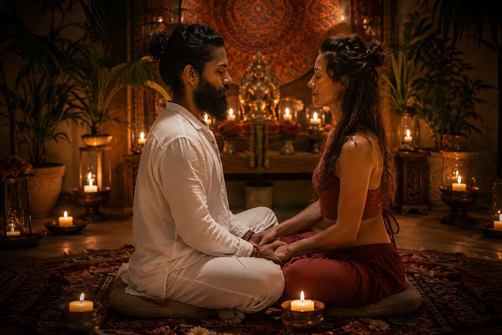 A man and a woman sit facing each other in a meditative pose, surrounded by candles and plants.