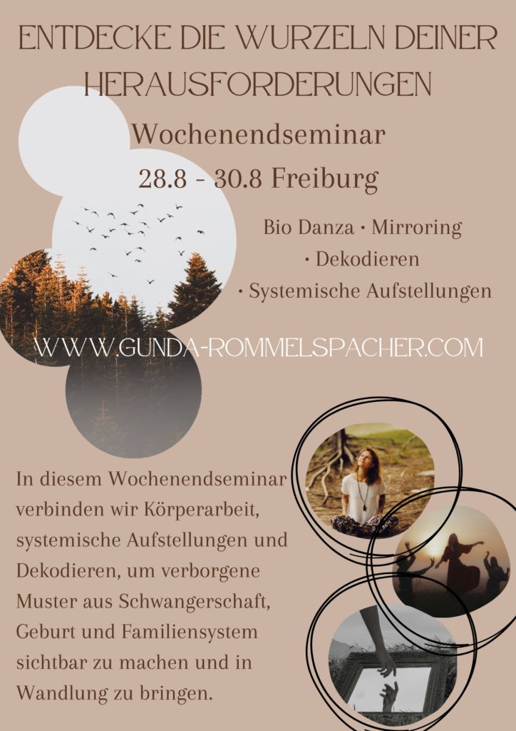 Ein Plakat für ein Wochenendseminar mit verschiedenen Bildern und Informationen.