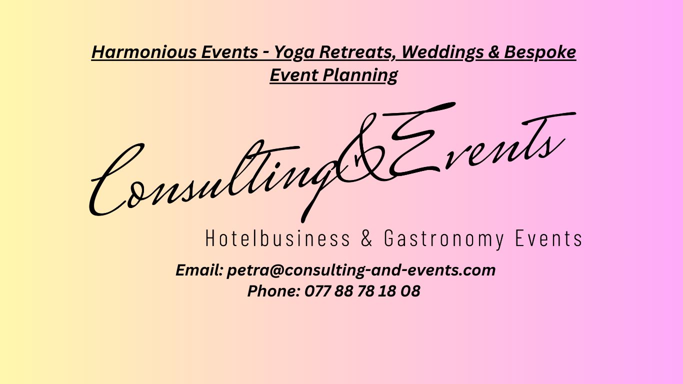 A graphic displaying information about event planning services with text on a gradient background.