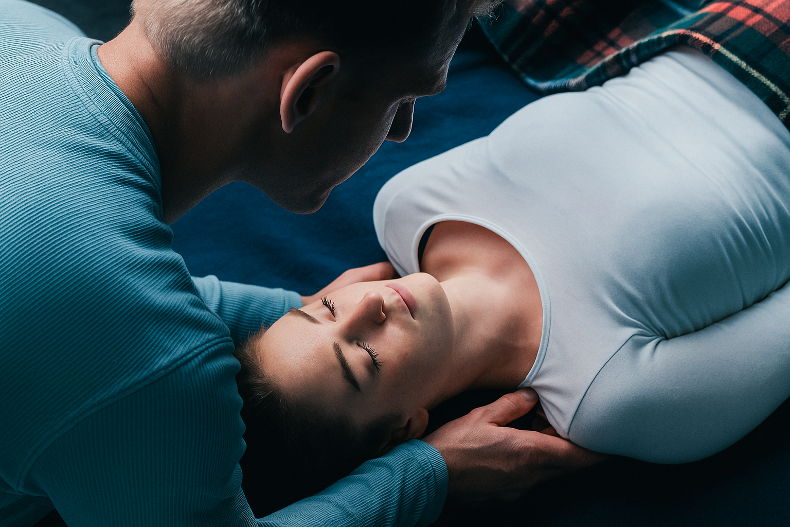 Seiki-Shiatsu: achtsame Berührung am Kopf einer bekleidet liegenden Frau. Foto: Wolfram Ehlers / Touch of Tao.