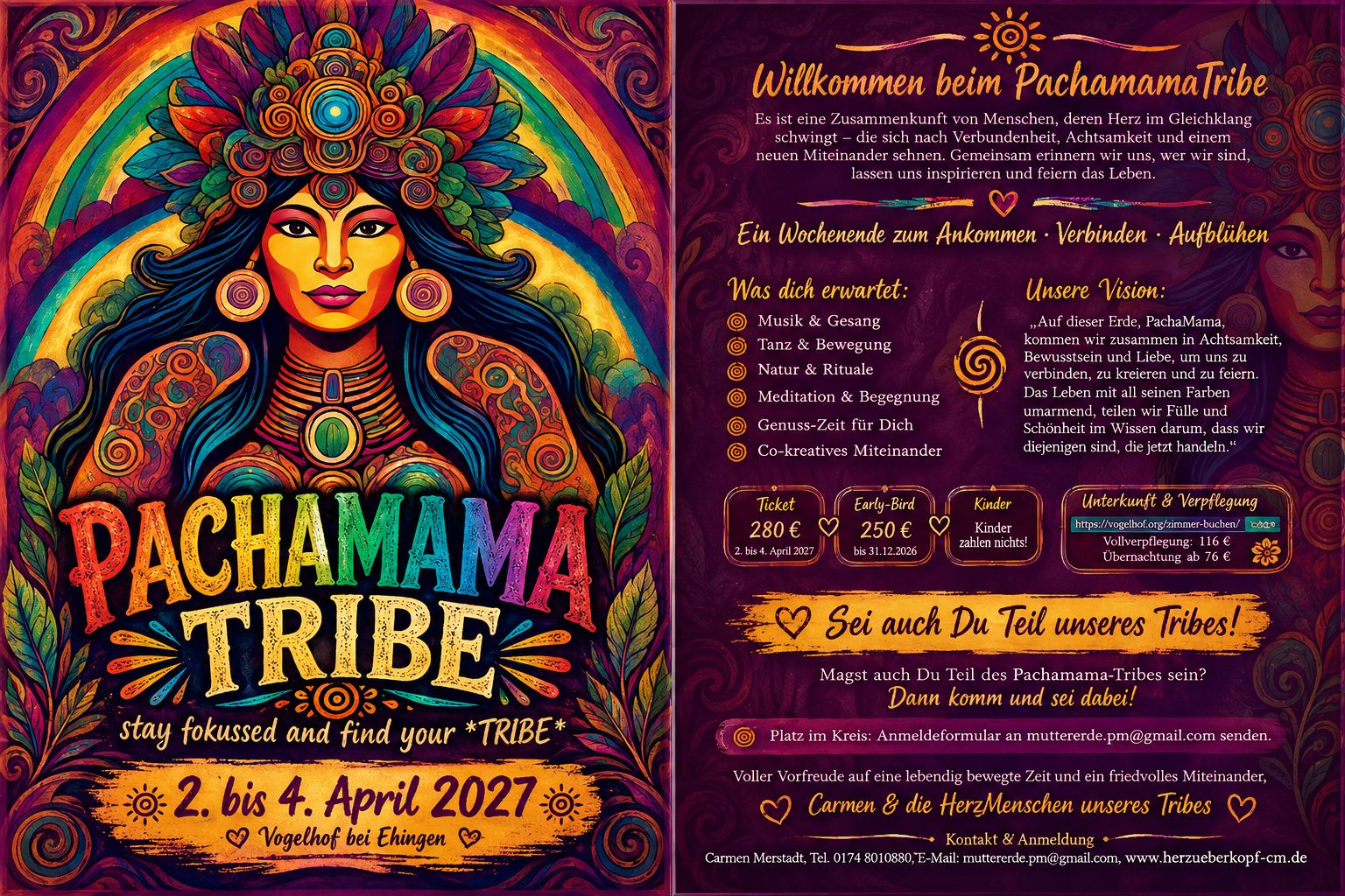 PachamamaTribe 2027  „Ruf der Erde – Ruf des Herzens“  2. – 4. April 2027 · Vogelhof bei Ehingen     "Eine Zusammenkunft von Menschen, deren Herz im Gleichklang schwingt – von HerzMenschen, die sich nach einer neuen Art des Miteinanders sehnen."