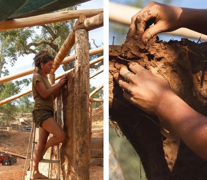 A woman working on a wooden structure and another hand molding clay.