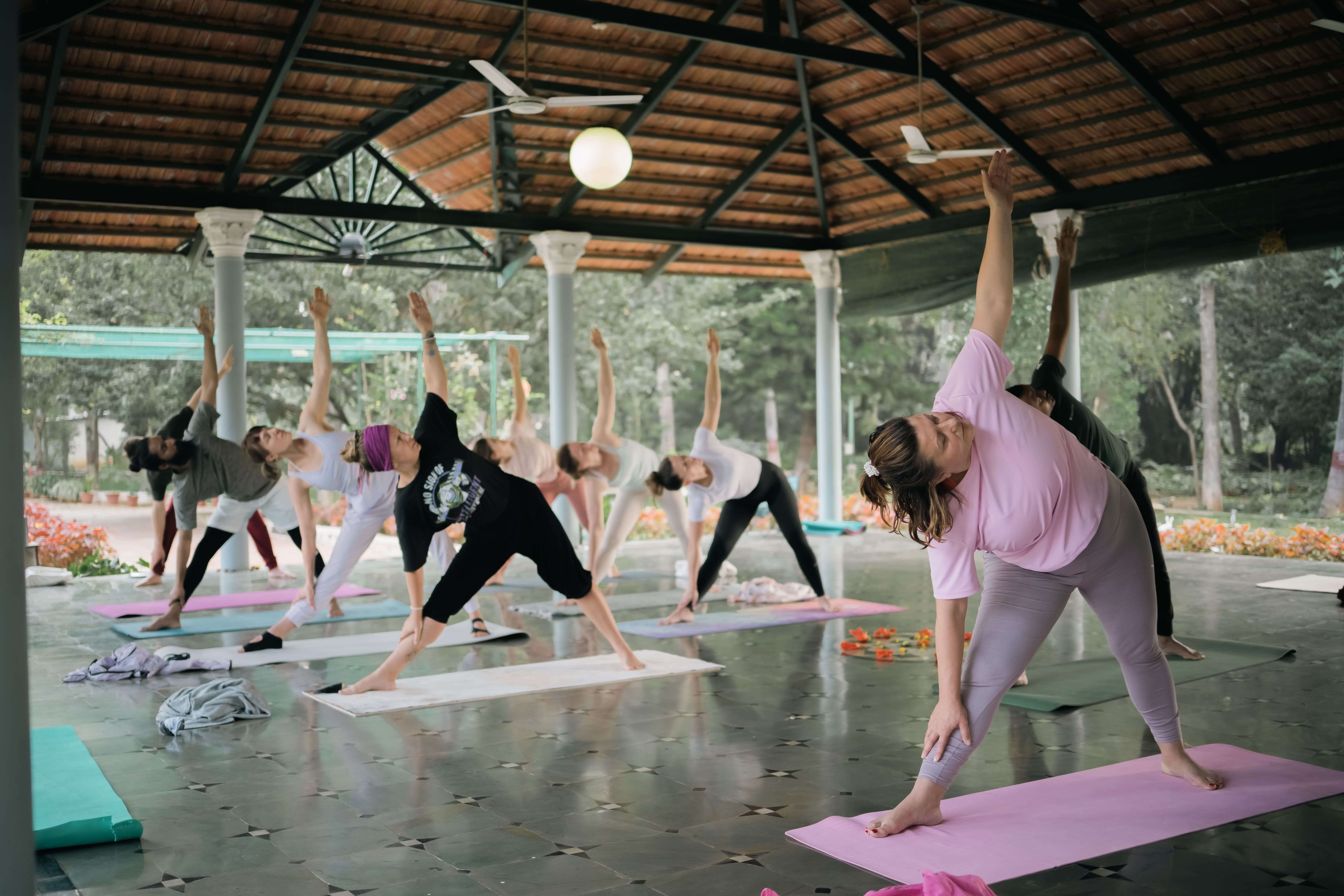 A group of individuals doing yoga on mats.