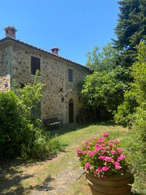 Ein steinernes Haus, umgeben von Grün und einer Blumentopfkombination.