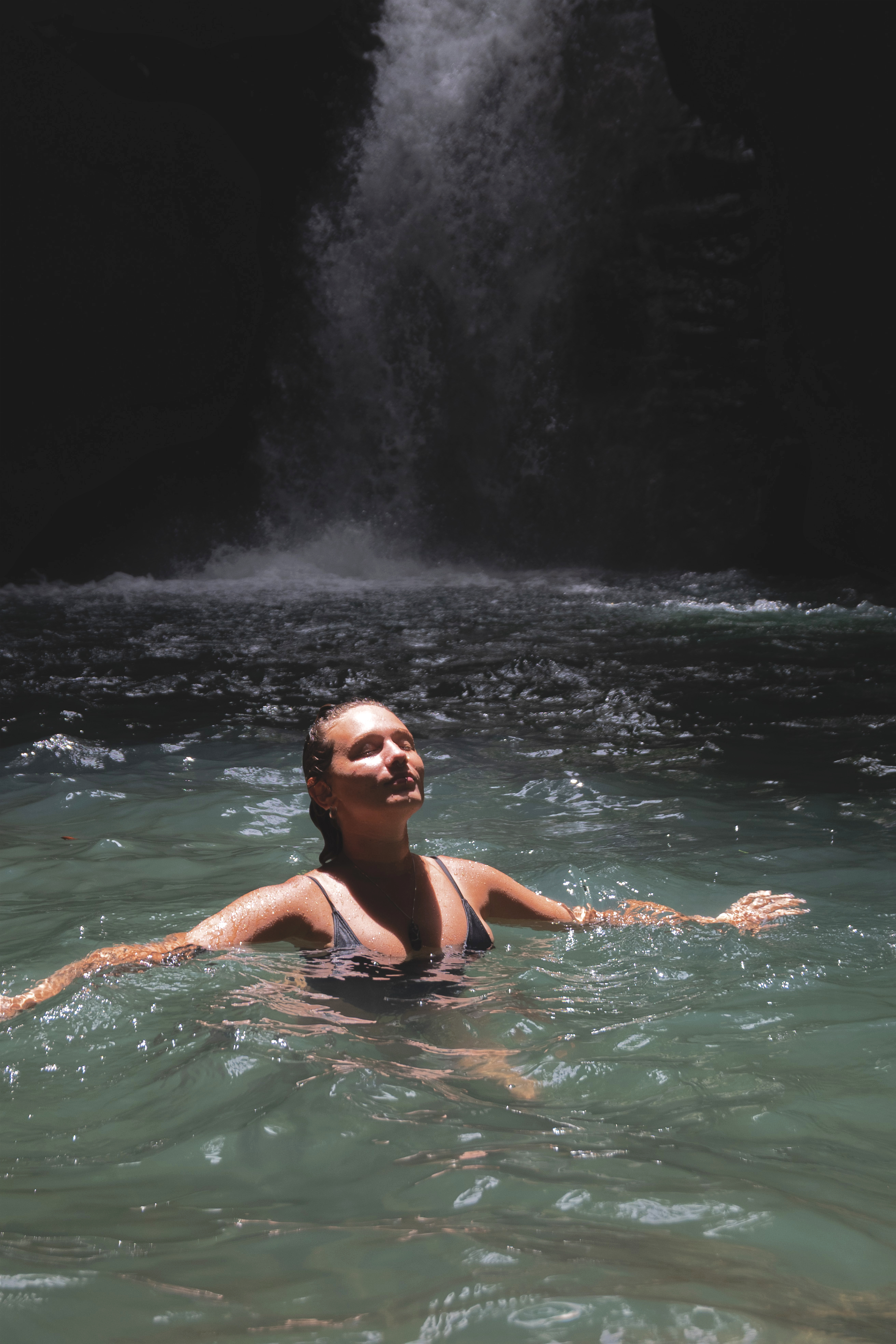 Swimming at a waterfall