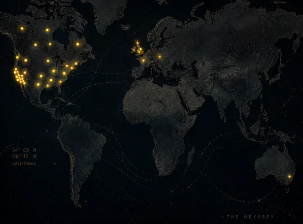 Mapa mundial oscuro con puntos de luz amarillos que marcan ubicaciones en Estados Unidos, Europa y Australia