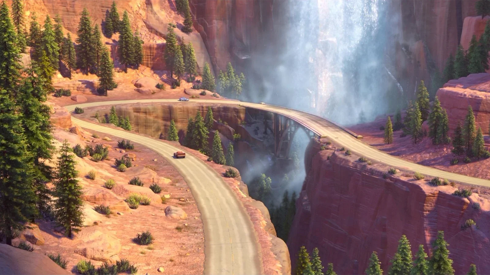 Sally y Rayo McQueen recorren la ruta vieja junto a una cascada