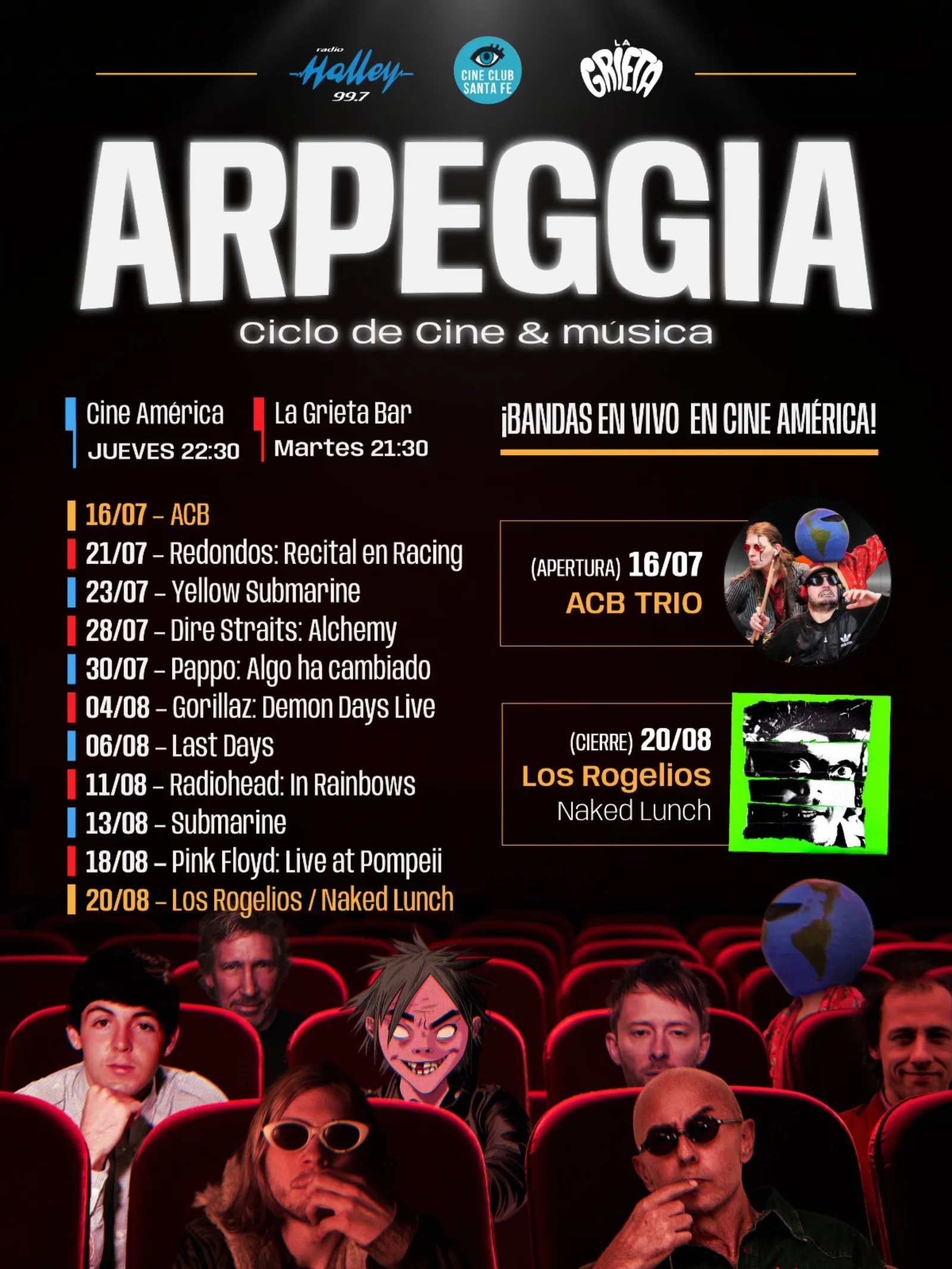 Afiche del ciclo Arpeggia de cine y música con bandas en vivo y listado de películas y fechas