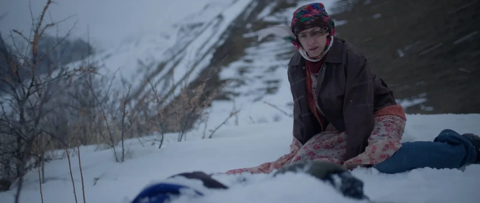 Vishka Asayesh arrodillada en la nieve de una ladera, en Siete días