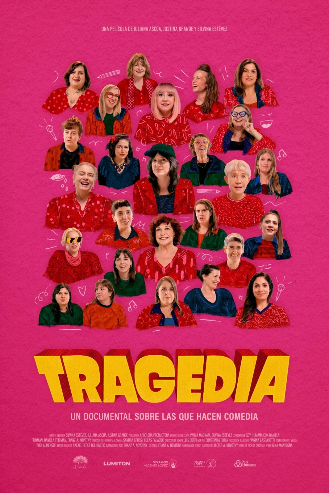Afiche de Tragedia con un grupo de humoristas sobre fondo rosa