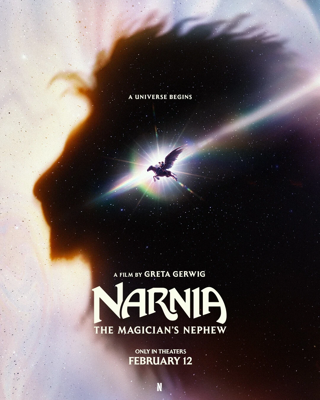 Póster de Narnia: El sobrino del mago con la silueta de la cabeza de Aslan sobre un fondo de estrellas