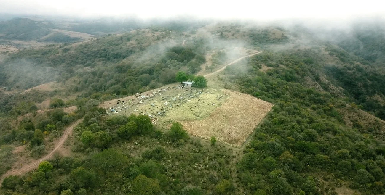 Vista aérea de un claro entre cerros con vegetación