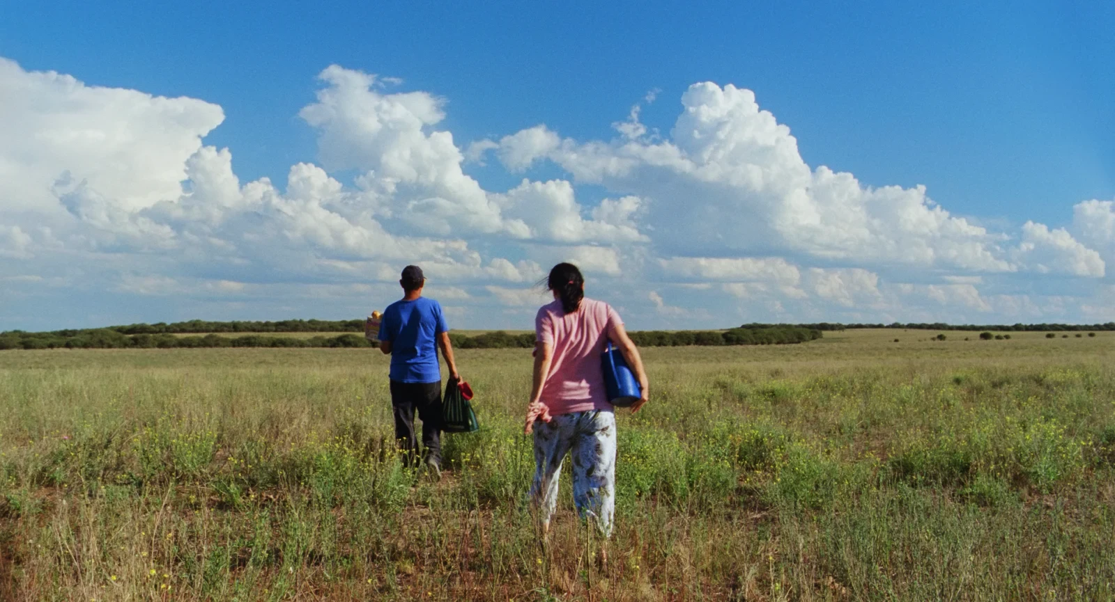 Dos personas caminan por un campo abierto bajo un cielo con nubes
