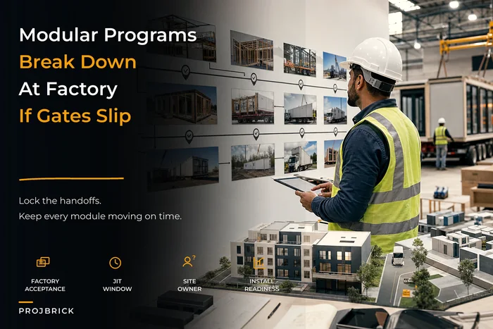 Govern modular prefabrication programs: factory‑acceptance checkpoints, JIT delivery windows and multi‑site install gates