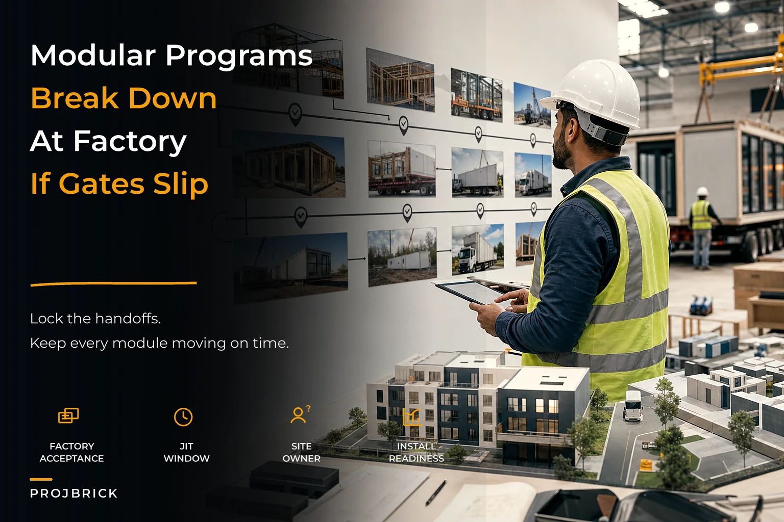 Govern modular prefabrication programs: factory‑acceptance checkpoints, JIT delivery windows and multi‑site install gates