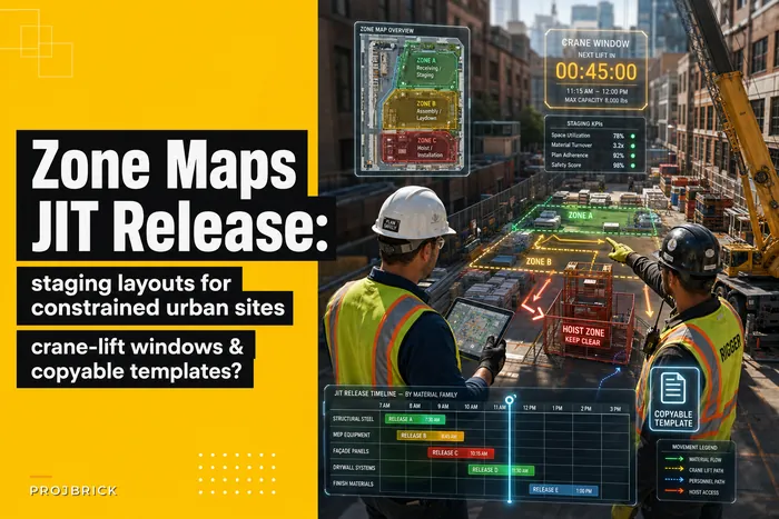 Material staging layouts for constrained urban sites: zone maps, JIT rules and crane-lift windows