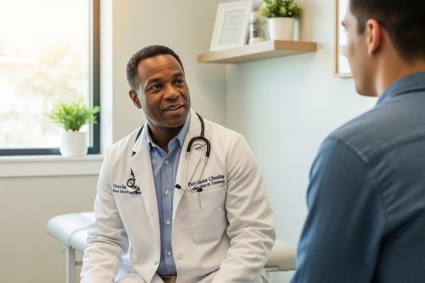 A doctor reviewing medical information