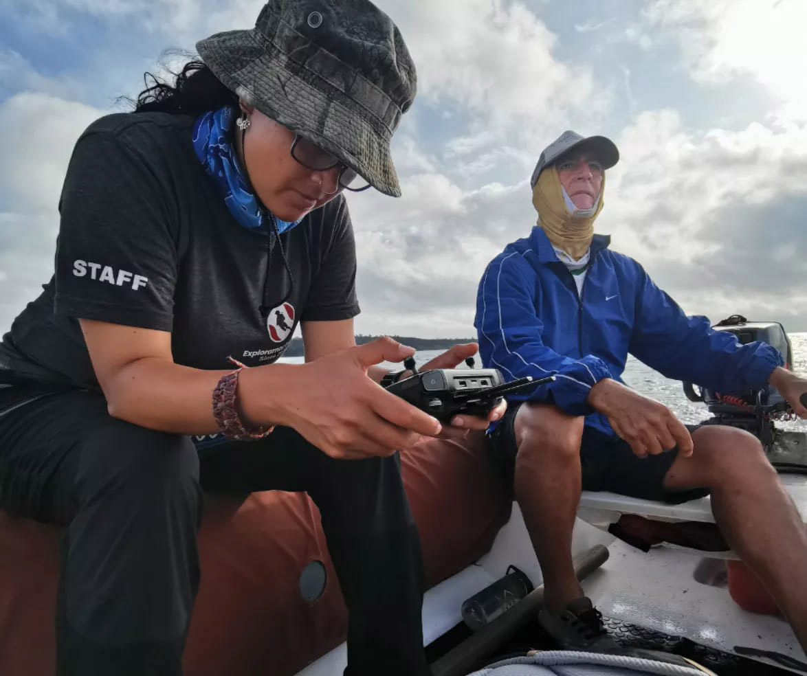 Andrea flying the drone | Galapagos Islands