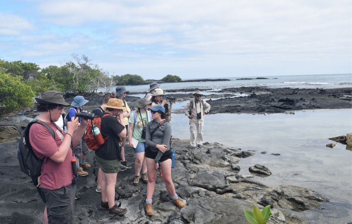 Brian Harrington, observes a lava heron while walking along the coast in the Galapagos.