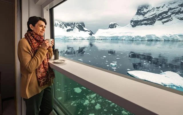 Interior of the Nordic Balcony cabin aboard the Viking Octantis in Antarctica