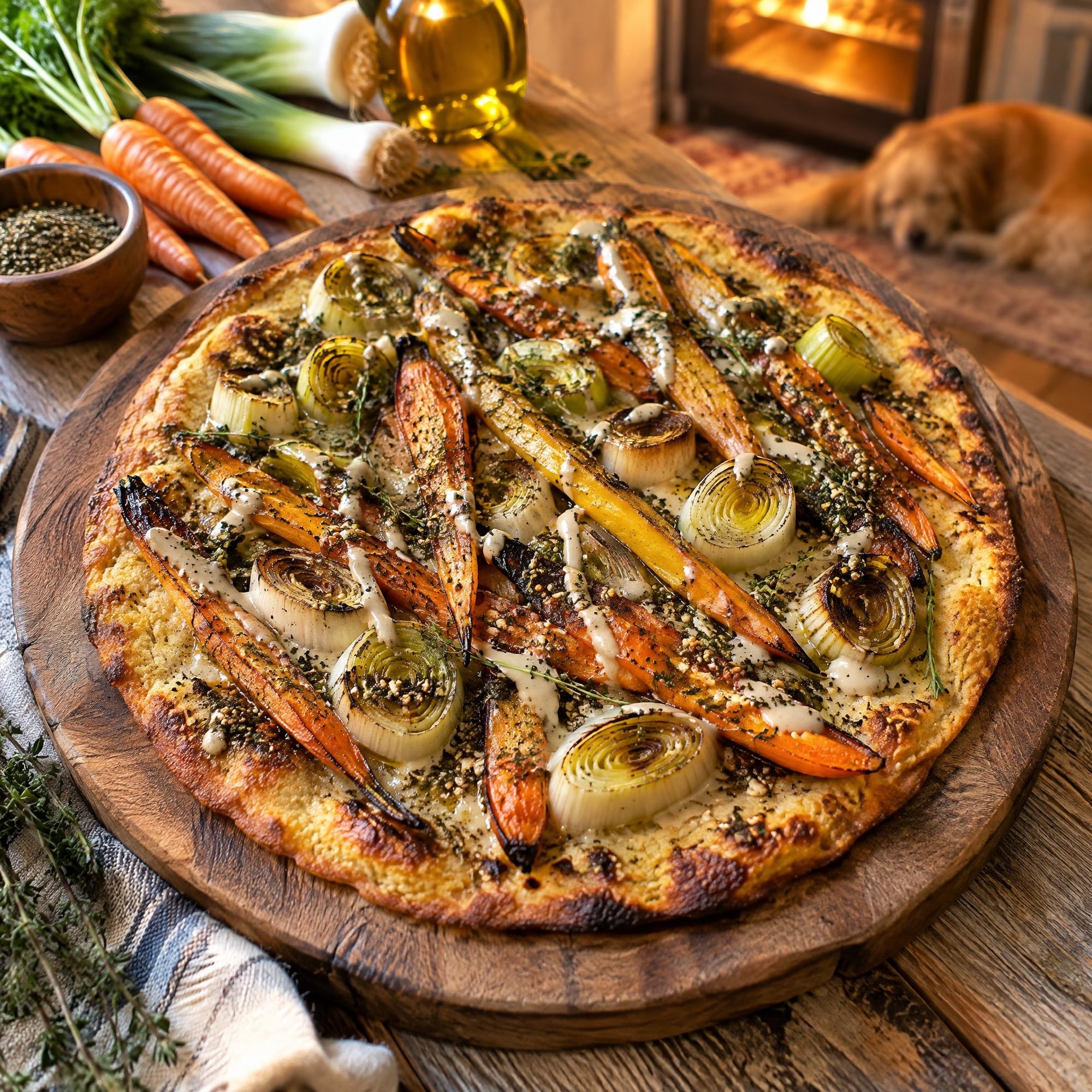 Crispy Socca with Za'atar Roasted Leeks and Carrots
