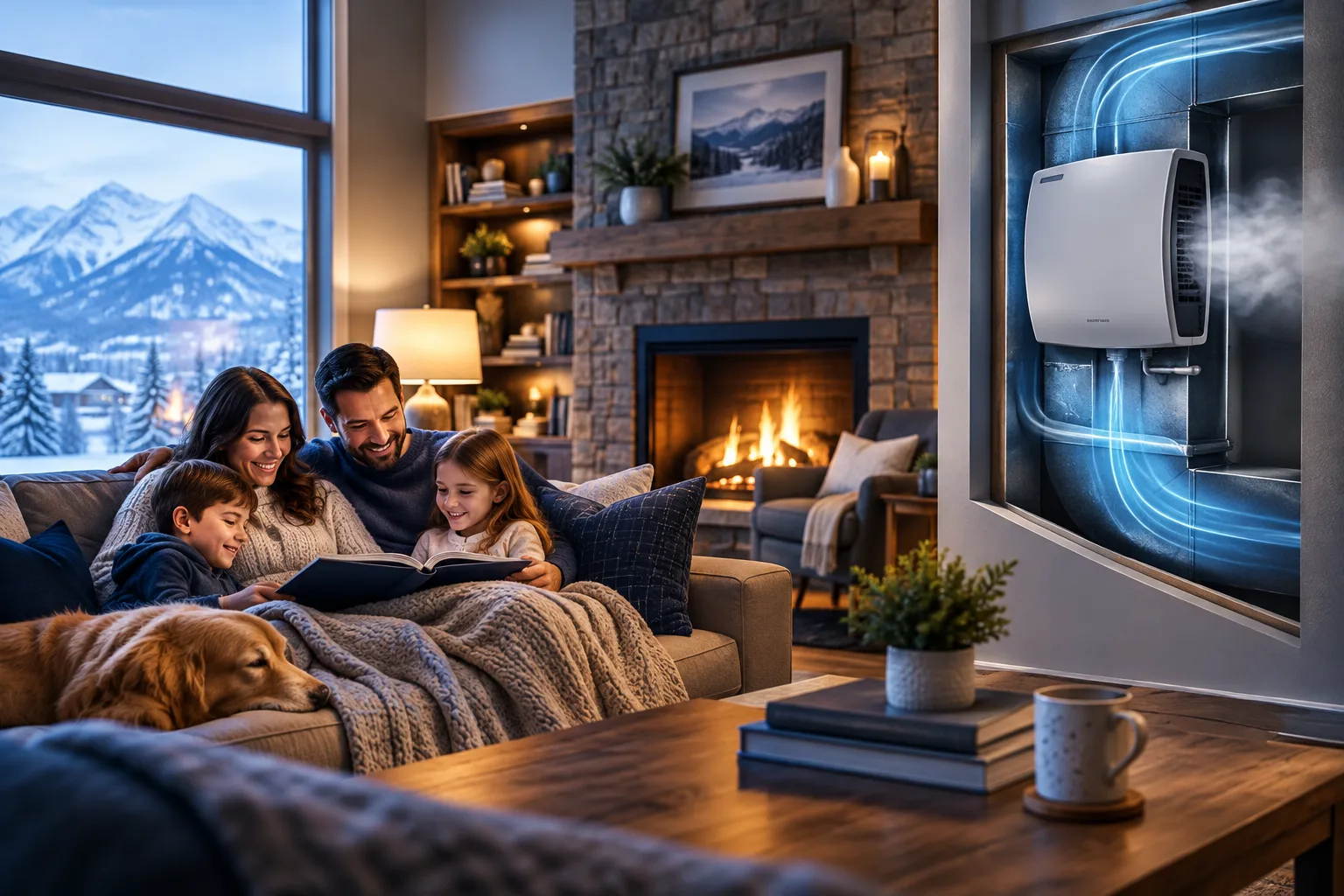 A cozy living room scene featuring a family reading together. A whole-home humidifier is depicted on the wall, with blue lines indicating humidity flow. The background showcases a winter landscape, adding to the theme of dry winter air.
