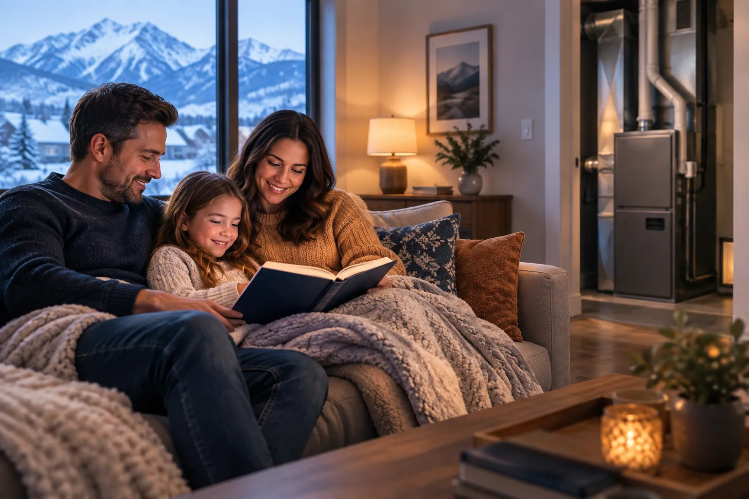 A cozy family scene with a couple and a child reading a book while seated on a sofa, with a furnace visible in the background. The room has a pleasant ambiance, and snow-capped mountains are visible through a large window, aligning with the theme of home warmth and family.