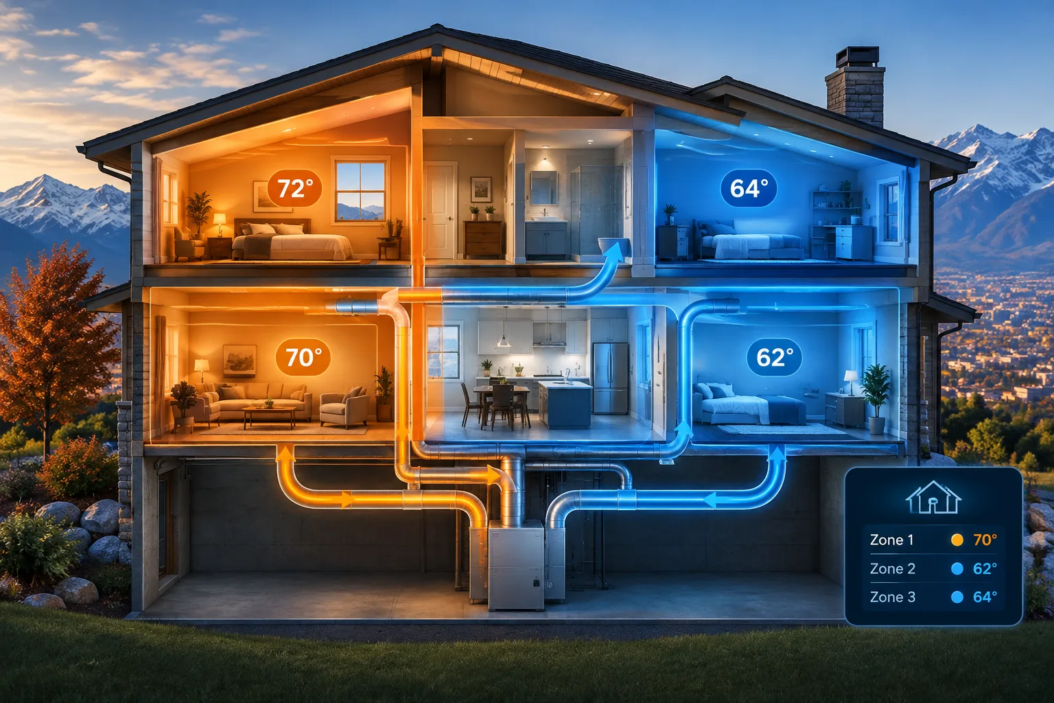 An illustration depicting a three-story home with color-coded temperature zones, showing central HVAC ductwork and temperatures in each room. The design visually represents the causes of uneven heating in a home.