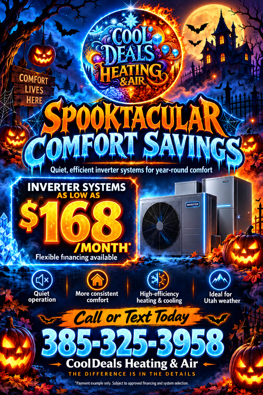 The image features a promotional graphic for Cool Deals Heating & Air, highlighting HVAC systems with a playful Halloween theme. It includes a focus on inverter systems with a price point, while integrating seasonal elements such as pumpkins and a haunted house background.