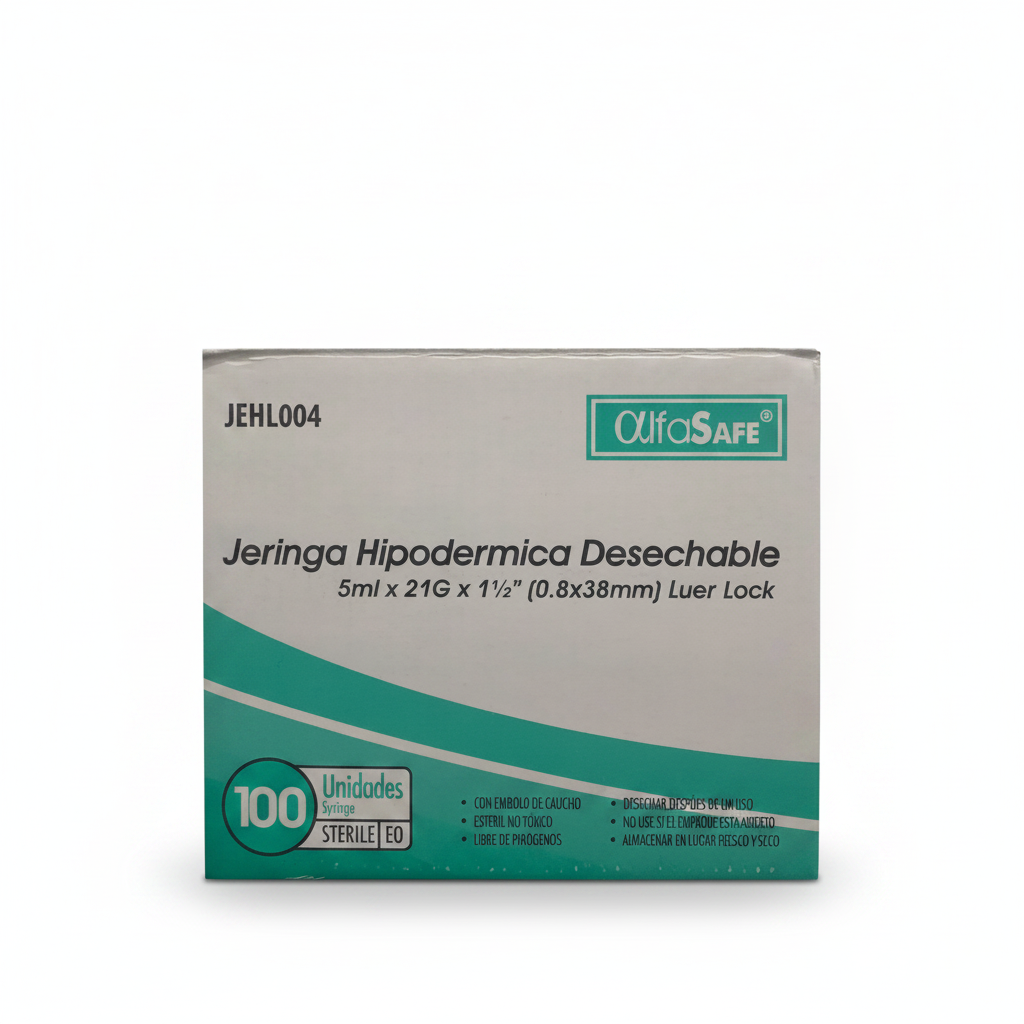 AlfaSAFE Jeringa Hipodermica Desechable 5ml x 21G x 1½" Luer Lock