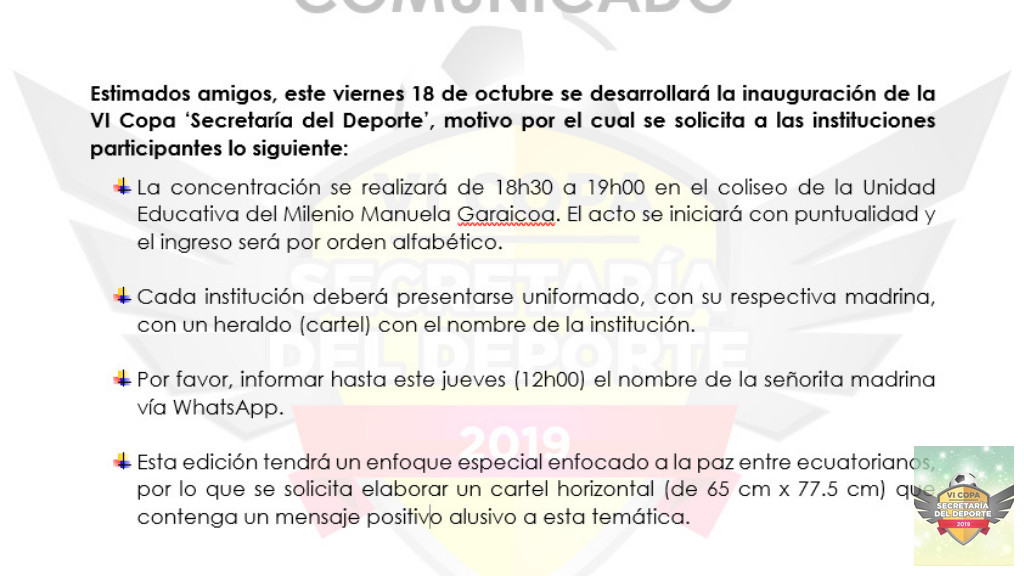 COPA INTERINSTITUCIONAL SECRETARÍA DEL DEPORTE - IMPORTANTE: DATOS PARA LA INAUGURACIÓN