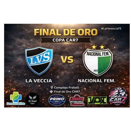 undefined - 🏆🔥 FINAL DE ORO – COPA CAR7 🔥🏆Llegó el momento.Después de una noche llena de emoción, goles y definiciones infartantes…💥 LA FINAL YA TIENE PROTAGONISTAS 💥⚔️ LA VECCIA 🆚 NACIONAL FEM ⚔️Dos equipos que dejaron todo en semis:✔️ La Veccia, firme, sólida y ganadora.✔️ Nacional, con fútbol, carácter y temple en los penales.Ahora van por todo.No hay mañana.No hay margen de error.Solo queda levantar la copa. 🏆📍 Complejo Fratelli⚽ Final de Oro CAR7🔥 ¿Quién se queda con la gloria?🙌 Vos no te lo podés perder.@primodeportivo@varbotines_@elangeltattoo10 @farmaciadeleste.pna @azaresparana Ludovico motomecanica