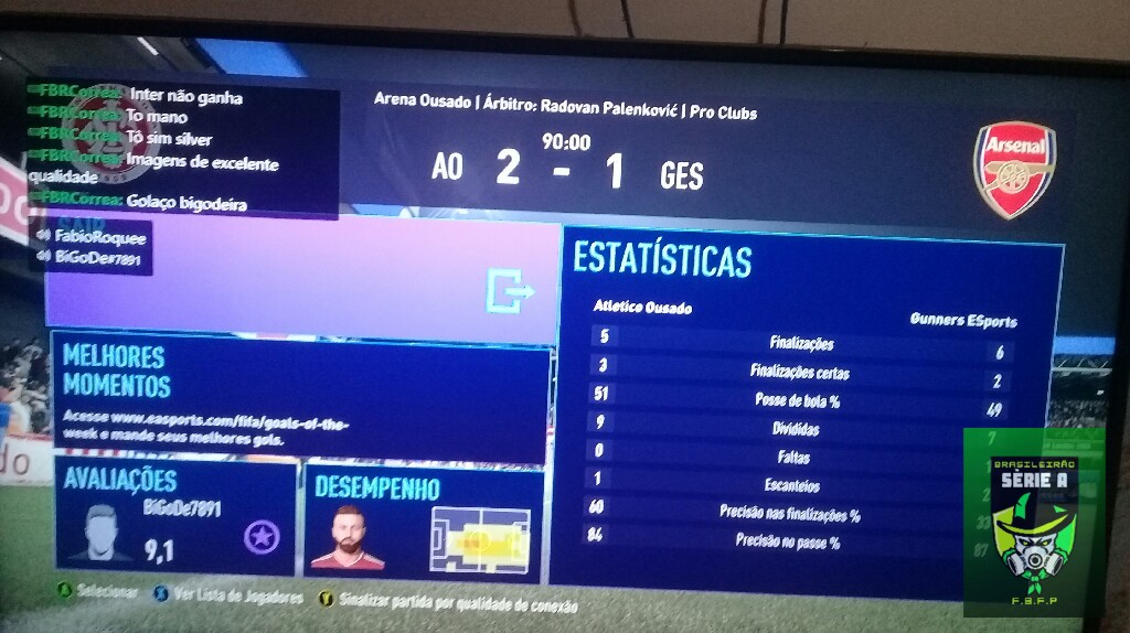 BRASILEIRÃO SÉRIE A - placar AO 2x1 Gunners
